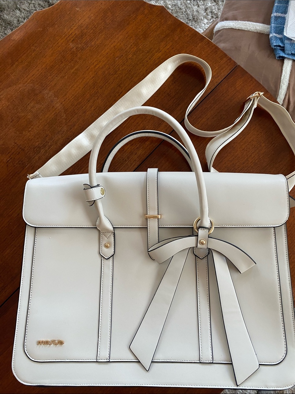 Elegant Cream Satchel with Bow Accent — Women’s Structured Crossbody/Laptop